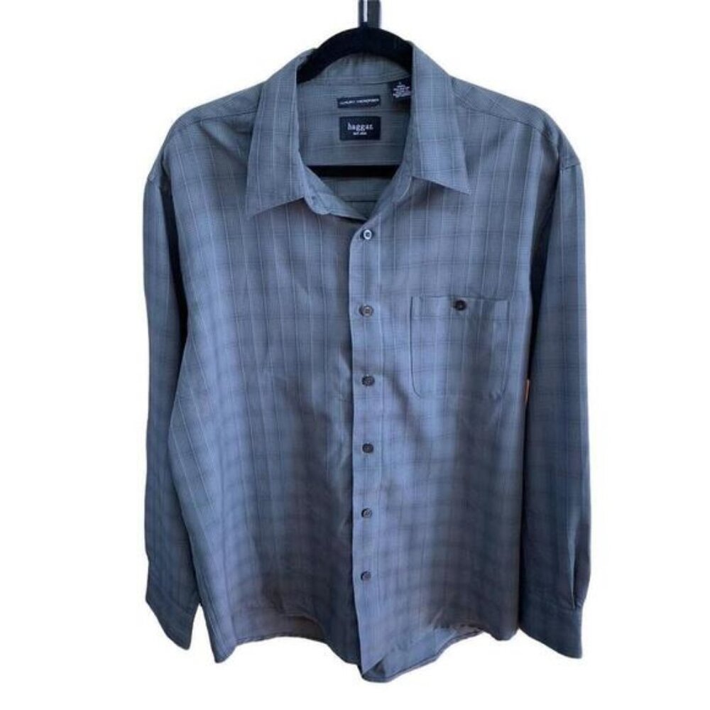 Haggar Mens Luury Microfibre Long Sleeve Gray Plaid Shirt Size L Defect​​​​​